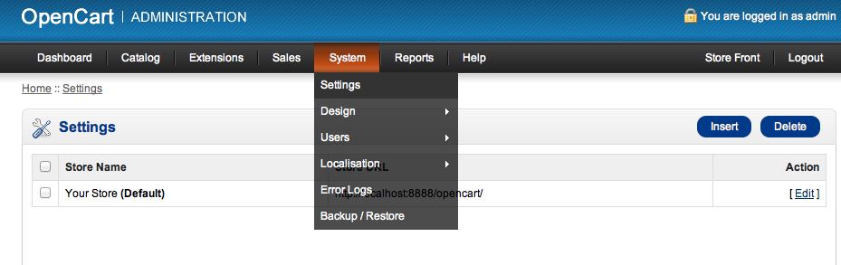 opencart admin select your site location