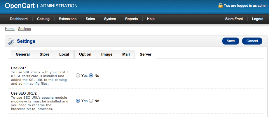 Select YES for use SEO URLs in server tab
