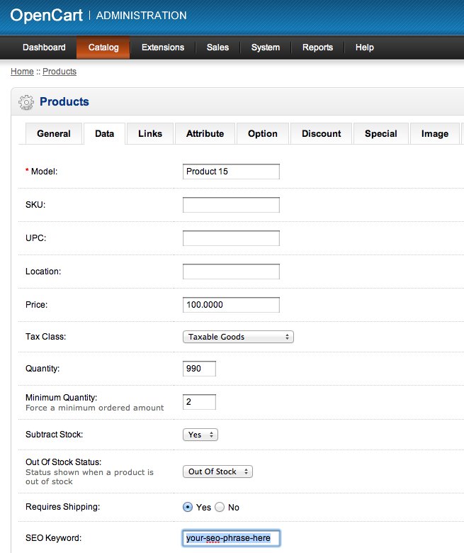 in data tab add seo key words for URLs in opencart products